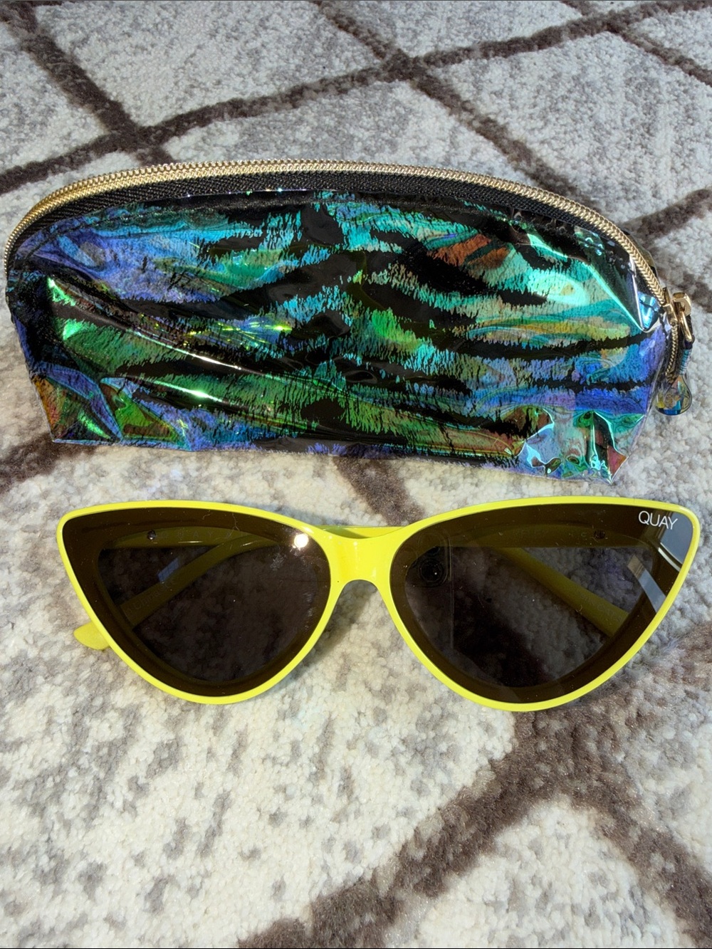 Quay Australia Neon Yellow Cat Eye Sunglasses with Holographic Zip Case